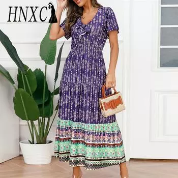 HNXC Женская мода Лето Весна с цветочным принтом с коротким рукавом и v-образным вырезом с высокой талией повседневные платья S красный