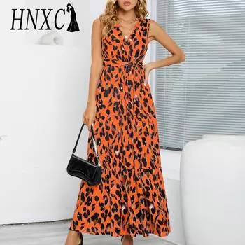 HNXC Женская мода Лето Весна с леопардовым принтом без рукавов с v-образным вырезом и высокой талией повседневные платья S оранжевый