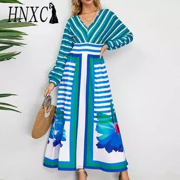 HNXC Женская мода Лето Весна в полоску с принтом с длинным рукавом и v-образным вырезом с высокой талией повседневные платья S красный