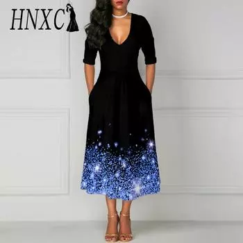 HNXC Женская мода лето весна 2/1 рукав V-образный вырез повседневные платья S золотой