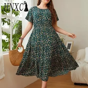 HNXC женская мода лето весна цветочный принт с коротким рукавом и круглым вырезом с высокой талией повседневные платья XL зелёный