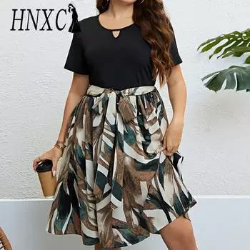 HNXC женская мода лето весна цветочный принт с коротким рукавом и круглым вырезом с высокой талией повседневные платья XL чёрный