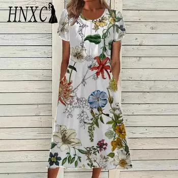 HNXC Женская мода Лето Весна Цветочный принт Короткие рукава О-образный вырез Повседневные платья S