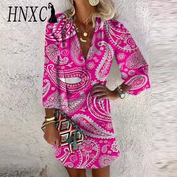 HNXC Женская мода лето весна цветочный принт повседневные платья с рукавом 3/4 и V-образным вырезом S