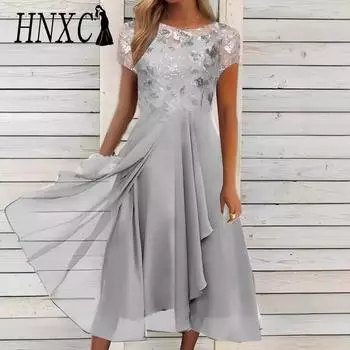 HNXC Женская мода Лето Весна Цветочный принт Короткие рукава О-образный вырез Повседневные платья S зелёный