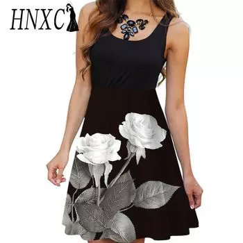 HNXC Женская мода лето весна цветочный принт без рукавов О-образный вырез повседневные платья S