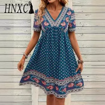HNXC Женская мода лето весна короткие рукава V-образный вырез повседневные платья S тёмно-синий