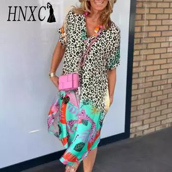 HNXC Женская мода лето весна короткие рукава V-образный вырез повседневные платья S цветной печати леопарда