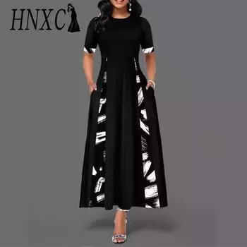 HNXC Женская мода лето весна короткие рукава О-образный вырез повседневные платья S чёрный