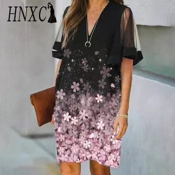 HNXC Женская мода лето весна короткие рукава V-образный вырез повседневные платья S розовый
