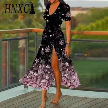 HNXC Женская мода лето весна короткие рукава V-образный вырез повседневные платья S