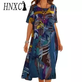 HNXC Женская мода лето весна короткий рукав О-образный вырез повседневные платья S синий