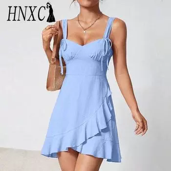 HNXC женская мода лето весна однотонный принт без рукавов с v-образным вырезом и высокой талией повседневные платья S светло-зеленый