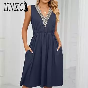 HNXC женская мода лето весна однотонный принт без рукавов с v-образным вырезом и высокой талией повседневные платья S чёрный