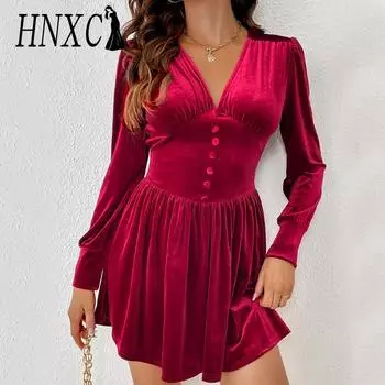 HNXC женская мода лето весна однотонный принт с длинным рукавом и v-образным вырезом с высокой талией повседневные платья S бордовый