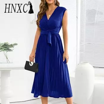 HNXC женская мода лето весна однотонный принт без рукавов с v-образным вырезом и высокой талией повседневные платья S зелёный