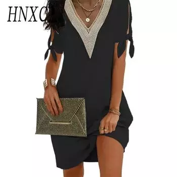 HNXC Женская мода лето весна однотонный принт с коротким рукавом и v-образным вырезом повседневные платья