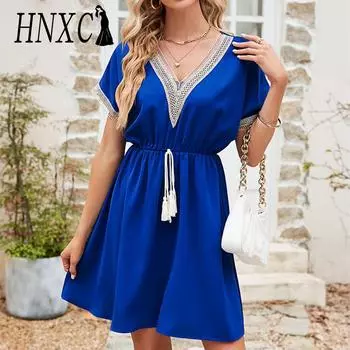 HNXC женская мода лето весна однотонный принт с коротким рукавом и v-образным вырезом с высокой талией повседневные платья S синий