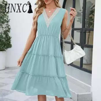 HNXC женская мода лето весна однотонный принт без рукавов с v-образным вырезом и высокой талией повседневные платья S чёрный
