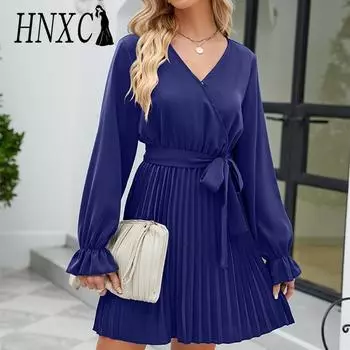 HNXC женская мода лето весна однотонный принт с длинным рукавом и v-образным вырезом с высокой талией повседневные платья S бордовый