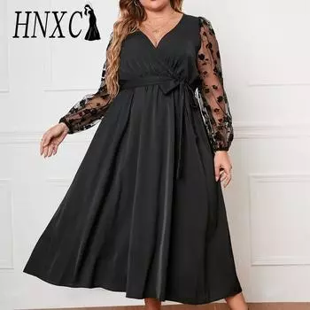 HNXC женская мода лето весна однотонный принт с длинным рукавом и v-образным вырезом с высокой талией повседневные платья 1XL чёрный