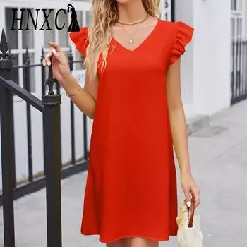 HNXC женская мода лето весна однотонный принт с коротким рукавом и v-образным вырезом с высокой талией повседневные платья S жёлтый