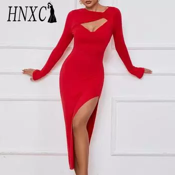 HNXC Женская мода лето весна однотонный принт с длинным рукавом повседневные платья S красный