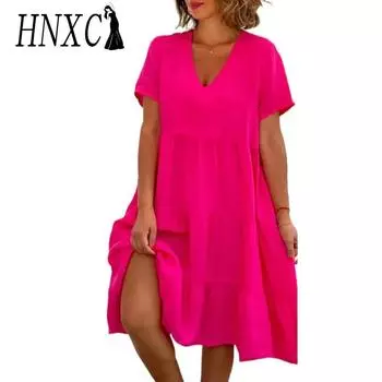 HNXC Женская мода лето весна однотонный принт с коротким рукавом и v-образным вырезом повседневные платья S розы красного