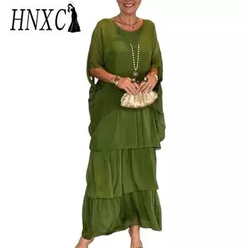 HNXC Женская мода лето весна однотонный принт с длинным рукавом и круглым вырезом повседневные платья