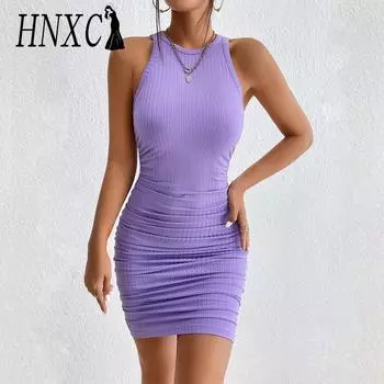 HNXC Женская мода лето весна однотонный принт без рукавов повседневные платья S фиолетовый