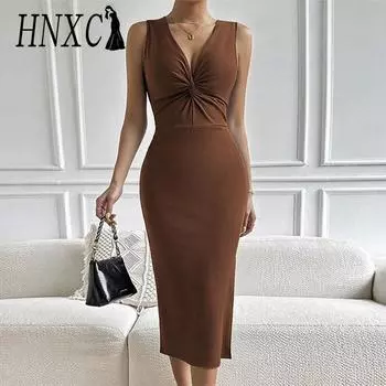 HNXC женская мода лето весна однотонный принт без рукавов с v-образным вырезом и высокой талией повседневные платья S темно-коричневого