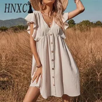 HNXC Женская мода лето весна однотонный принт с коротким рукавом и v-образным вырезом повседневные платья XS хаки