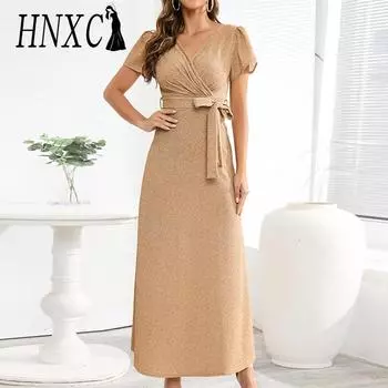 HNXC Женская мода лето весна однотонный принт с коротким рукавом и v-образным вырезом повседневные платья S золотой
