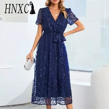 HNXC женская мода лето весна однотонный принт с коротким рукавом и v-образным вырезом с высокой талией повседневные платья S красный