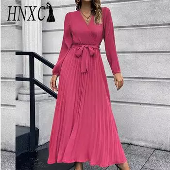 HNXC женская мода лето весна однотонный принт с длинным рукавом и v-образным вырезом с высокой талией повседневные платья