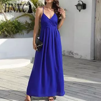 HNXC женская мода лето весна однотонный принт без рукавов с v-образным вырезом и высокой талией повседневные платья S зелёный