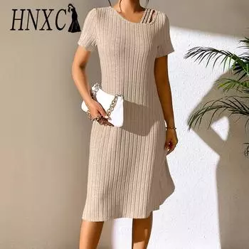 HNXC женская мода лето весна однотонный принт с коротким рукавом и круглым вырезом с высокой талией повседневные платья S светло-серый