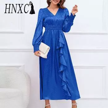 HNXC женская мода лето весна однотонный принт с длинным рукавом и v-образным вырезом с высокой талией повседневные платья S чёрный