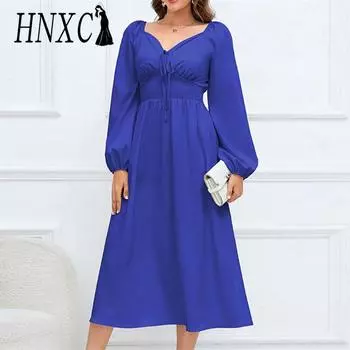 HNXC женская мода лето весна однотонный принт с длинным рукавом и v-образным вырезом с высокой талией повседневные платья