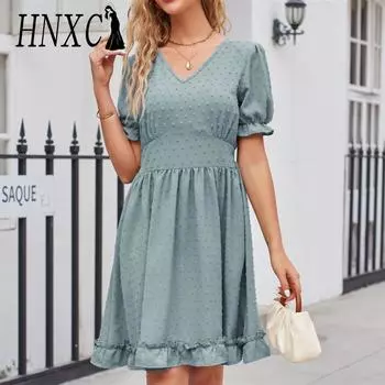 HNXC женская мода лето весна однотонный принт с коротким рукавом и v-образным вырезом с высокой талией повседневные платья S чёрный