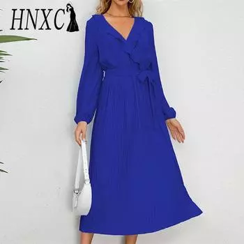 HNXC женская мода лето весна однотонный принт с длинным рукавом и v-образным вырезом с высокой талией повседневные платья S чёрный