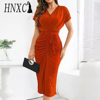 HNXC женская мода лето весна однотонный принт с коротким рукавом и v-образным вырезом с высокой талией повседневные платья S зелёный