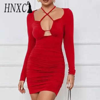 HNXC Женская мода лето весна однотонный принт с длинным рукавом повседневные платья S армия зеленый