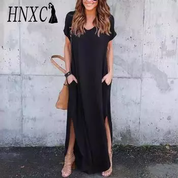 HNXC Женская мода лето весна однотонный принт с коротким рукавом и v-образным вырезом повседневные платья S белый