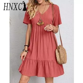 HNXC Женская мода лето весна однотонный принт с коротким рукавом и v-образным вырезом повседневные платья S красный