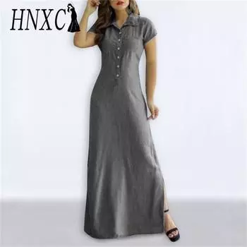 HNXC Женская мода лето весна однотонный принт короткий рукав поло-воротник повседневные платья S серый