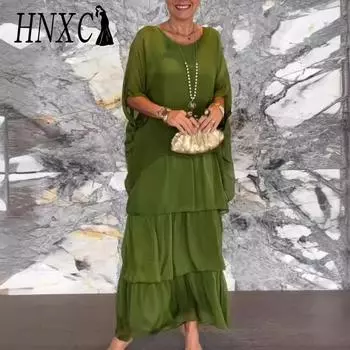 HNXC Женская мода лето весна однотонный принт короткий рукав О-образный вырез повседневные платья S зелёный