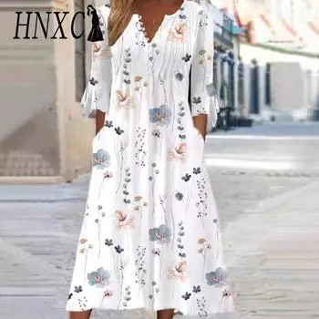 HNXC Женская мода лето весна однотонный принт рукав 3/4 V-образный вырез повседневные платья S белый