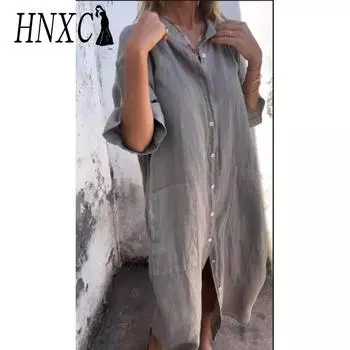 HNXC Женская мода лето весна однотонный принт рукав 2/1 воротник поло повседневные платья S серый