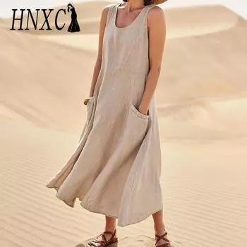 HNXC Женская мода лето весна однотонный принт без рукавов с круглым вырезом повседневные платья S